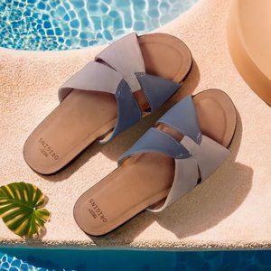 Earth Origins Women's Sedona Beige/Gray Suede Lexi Slide Sandal Open Toe Size 8M
